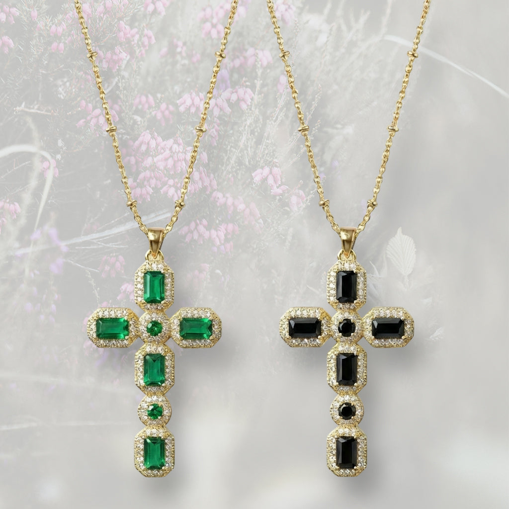 Collana con Croce colorata pendente grande, con Zirconia Cubica placcata in oro 18k