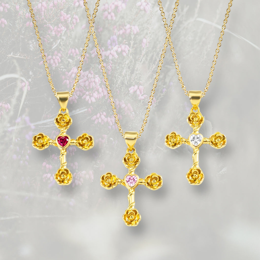 Ciondolo Croce con rose con Zirconia Cubica placcato in oro 18k