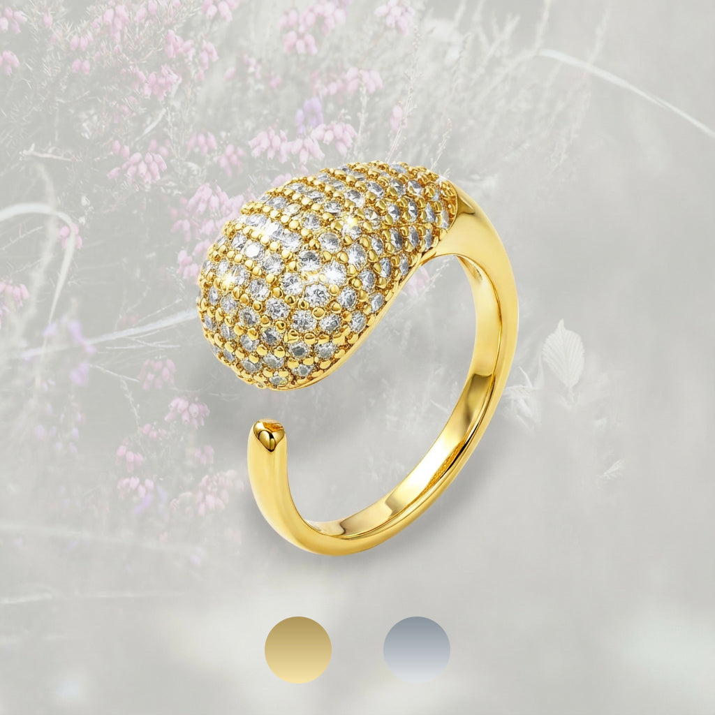 Anello Goccia bombato grande con pavé di Zirconia Cubica, placcato in oro 18k o platino