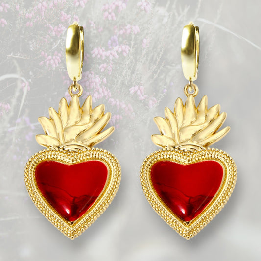 Orecchini a cerchietto con Cuore Sacro / Ex Voto pententi, placcati in oro e smalto rosso