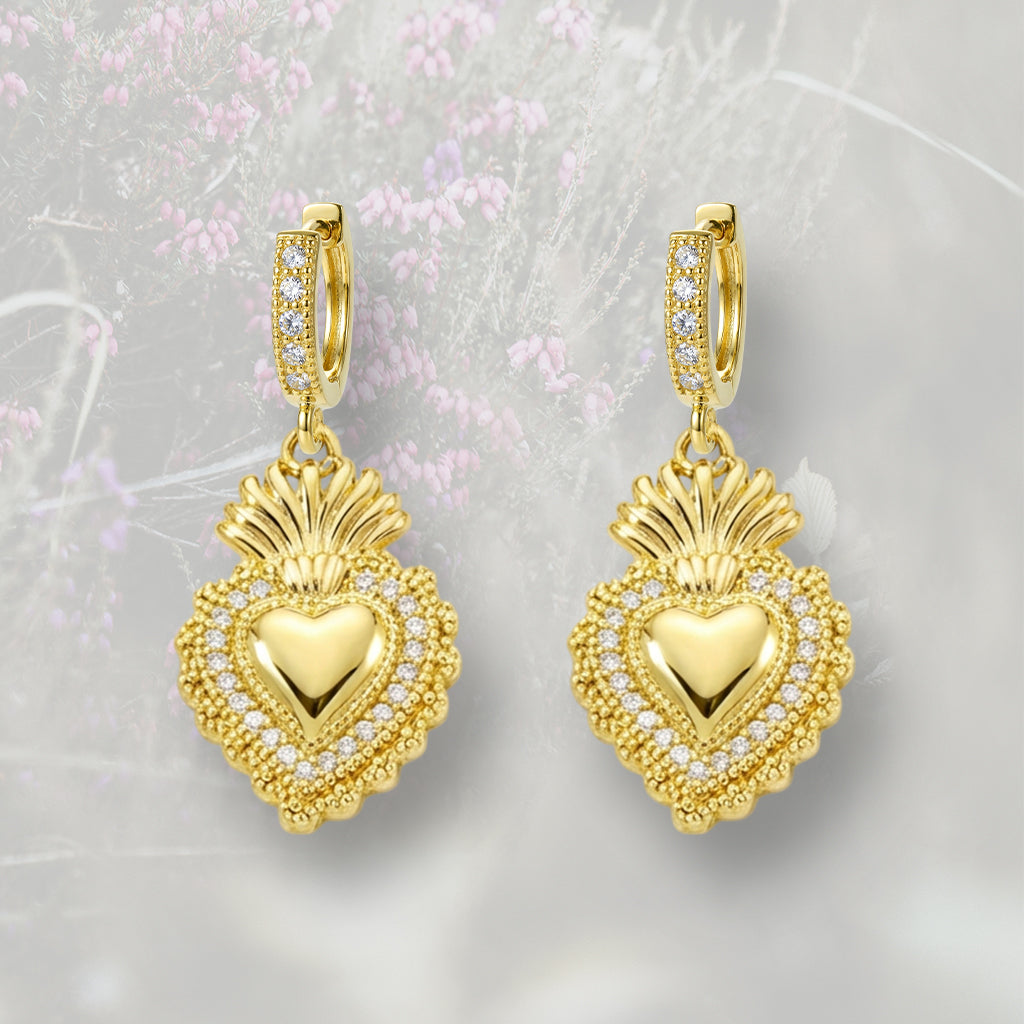 Orecchini a cerchietto con Cuore Sacro / Ex Voto placcati in oro 18k con contorno in Zirconia Cubica