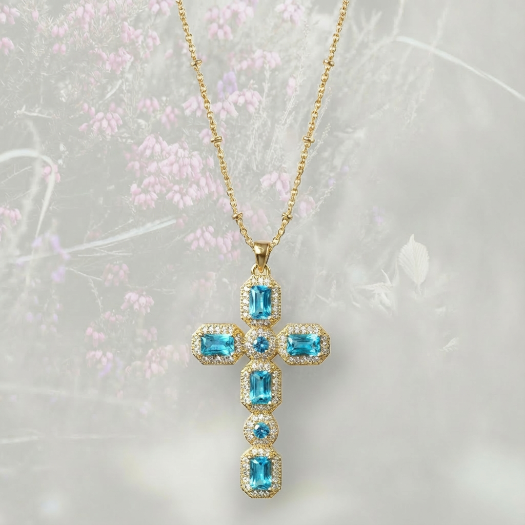 Collana con Croce colorata pendente grande, con Zirconia Cubica placcata in oro 18k