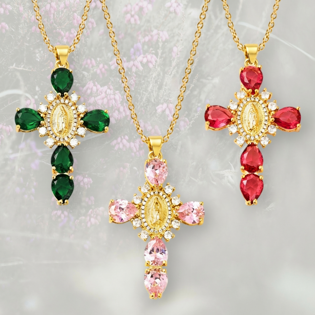 Collana con Croce pendente misura grande, con Zirconia Cubica colorata placcata in oro 18k