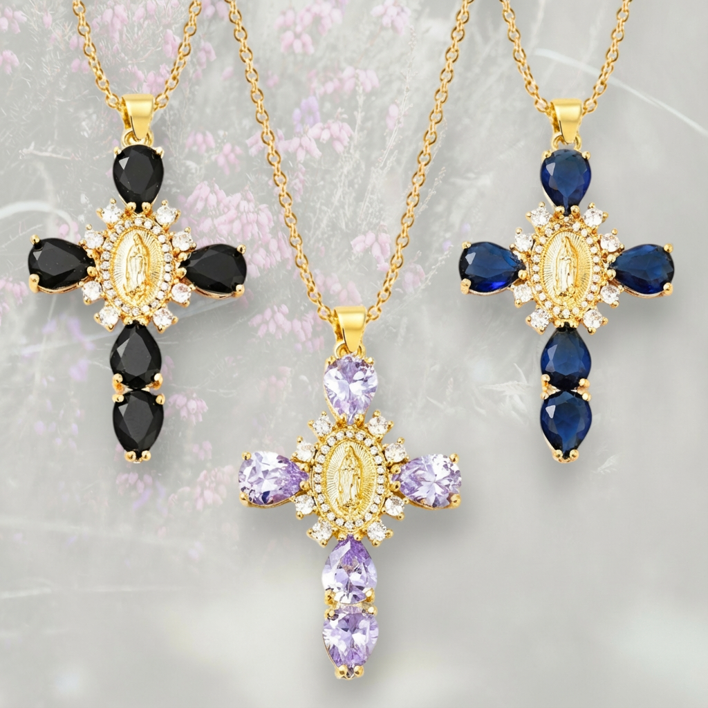 Collana con Croce pendente misura grande, con Zirconia Cubica colorata placcata in oro 18k