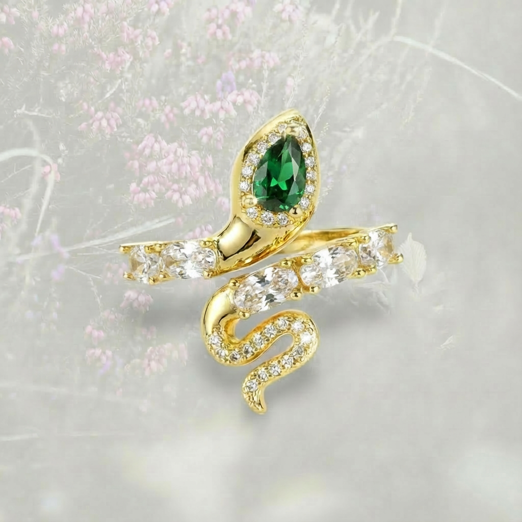 Anello Serpente con goccia in Zirconia Cubica verde placcato in oro 18k