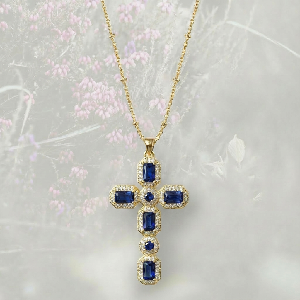 Collana con Croce colorata pendente grande, con Zirconia Cubica placcata in oro 18k