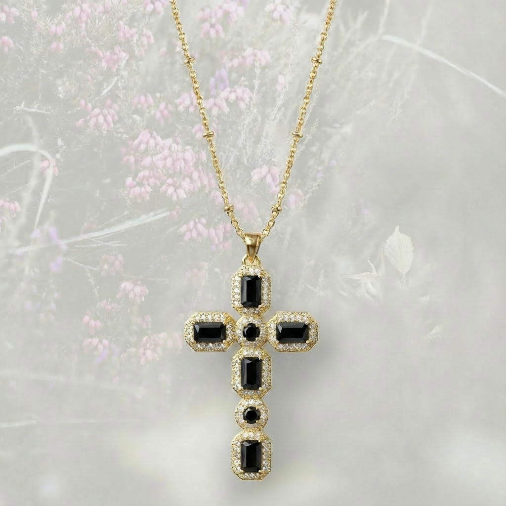 Collana con Croce colorata pendente grande, con Zirconia Cubica placcata in oro 18k