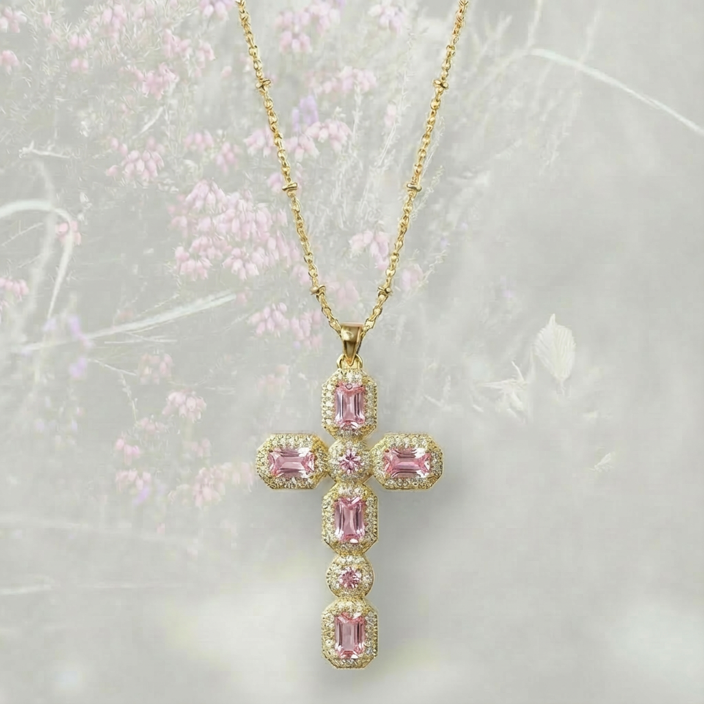 Collana con Croce colorata pendente grande, con Zirconia Cubica placcata in oro 18k