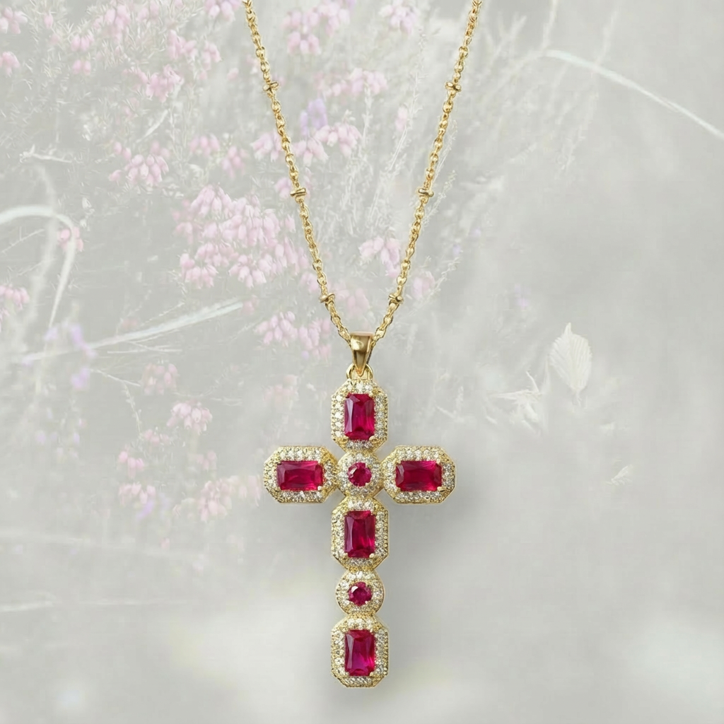 Collana con Croce colorata pendente grande, con Zirconia Cubica placcata in oro 18k