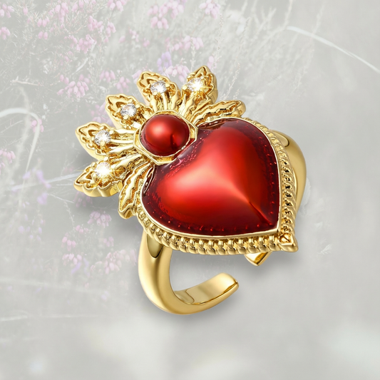 Anello Cuore Sacro / Ex Voto con smalto rosso e placcatura oro 18k
