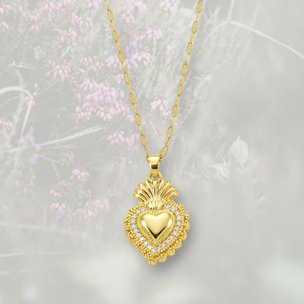 Collana pendente Cuore Sacro / Ex Voto placcata in oro 18k con contorno in Zirconia Cubica
