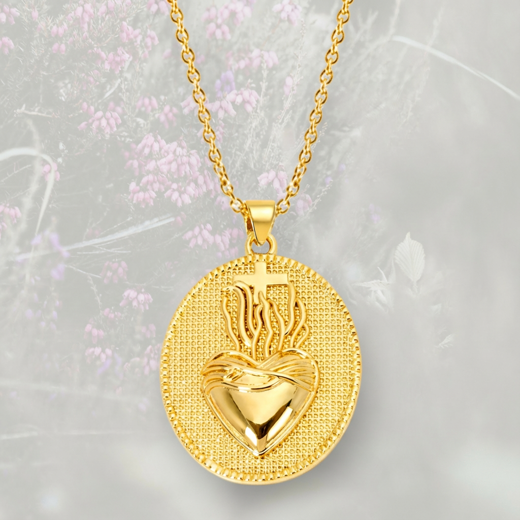 Medaglione pendente Cuore Sacro / Ex Voto placcata in oro 18k