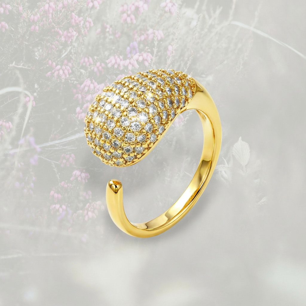 Anello Goccia bombato grande con pavé di Zirconia Cubica, placcato in oro 18k o platino