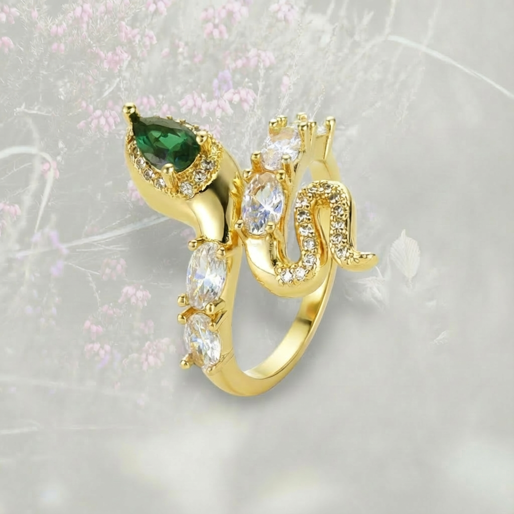 Anello Serpente con goccia in Zirconia Cubica verde placcato in oro 18k