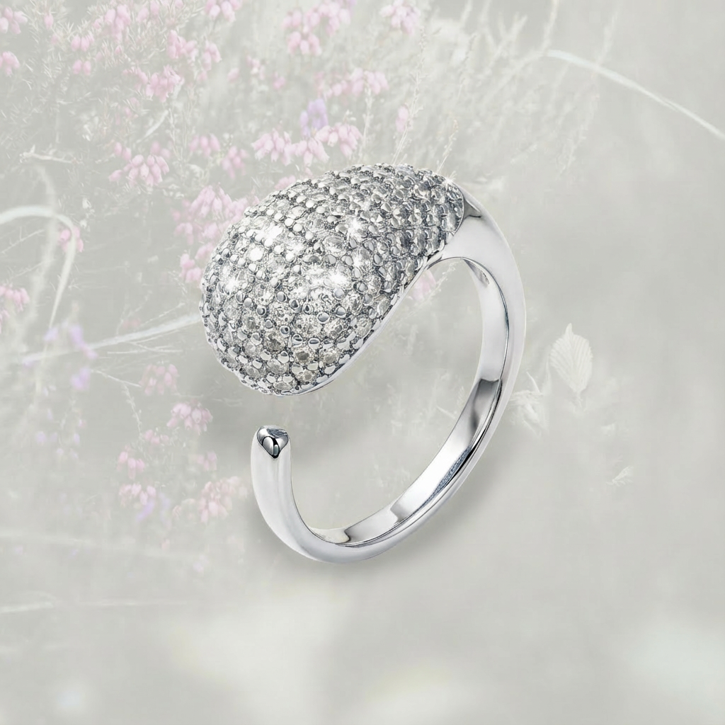 Anello Goccia bombato grande con pavé di Zirconia Cubica, placcato in oro 18k o platino