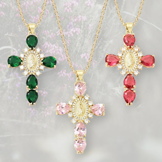 Collana con Croce pendente misura grande, con Zirconia Cubica colorata placcata in oro