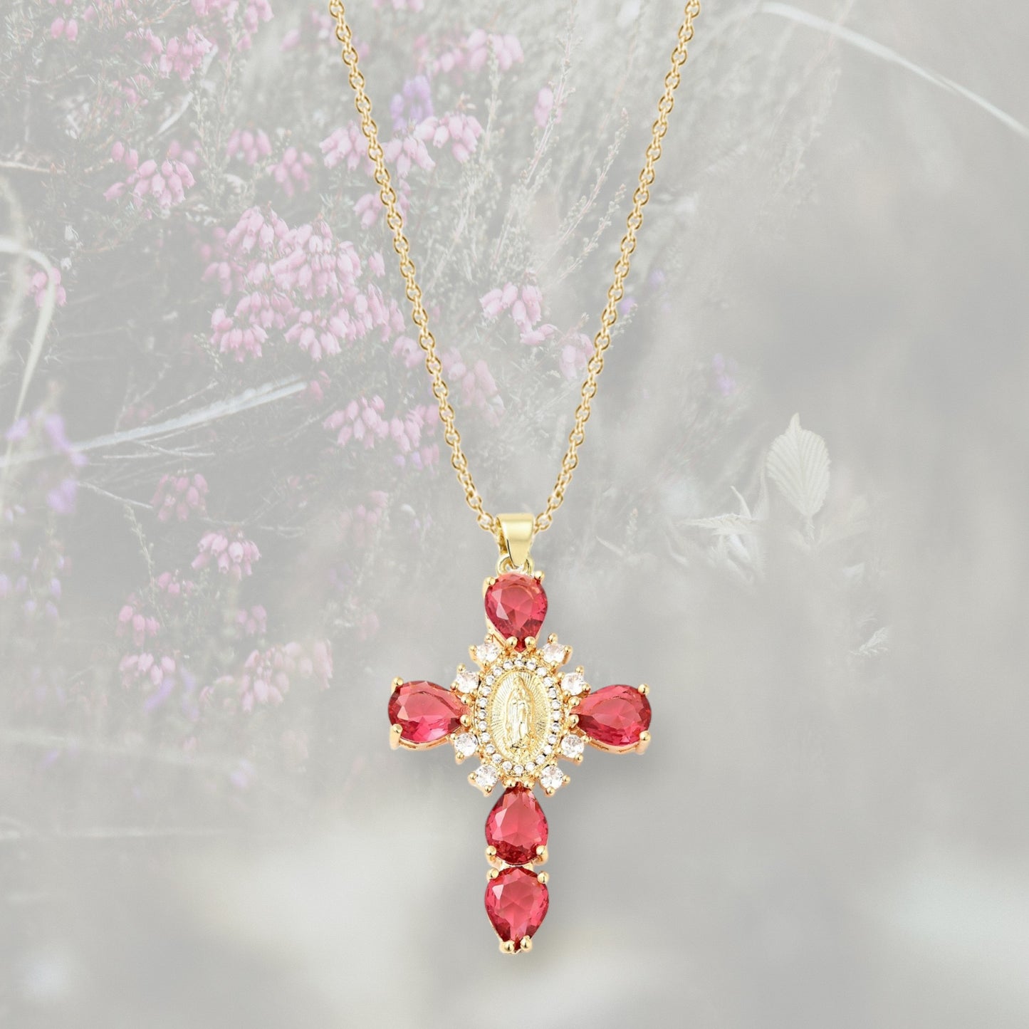 Collana con Croce pendente misura grande, con Zirconia Cubica colorata placcata in oro