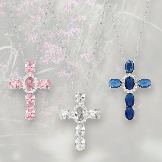 Collana con Croce con Zirconia Cubica taglio ovale placcato platino