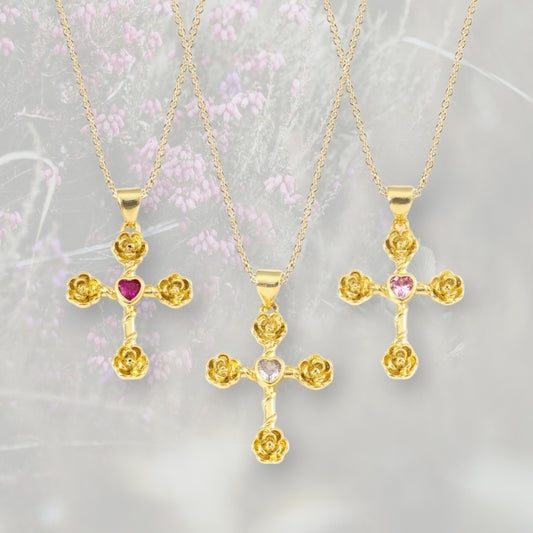 Ciondolo Croce con rose con Zirconia Cubica placcato in oro