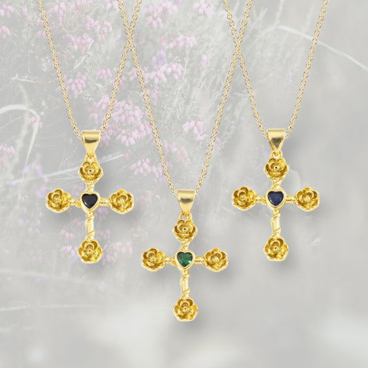 Ciondolo Croce con rose con Zirconia Cubica placcato in oro