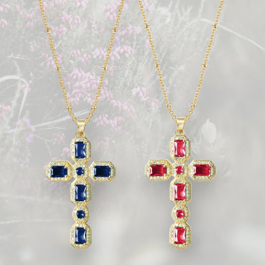 Collana con Croce colorata pendente grande, con Zirconia Cubica placcata in oro