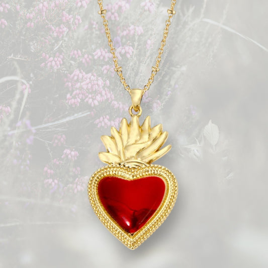 Collana pendente Cuore Sacro grande / Ex Voto placcata in oro e smalto rosso