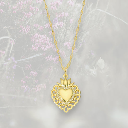 Collana pendente Cuore Sacro / Ex Voto placcata in oro con contorno in Zirconia Cubica