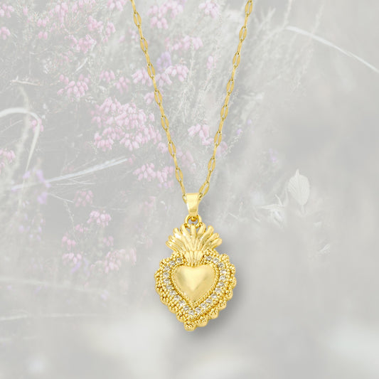 Collana pendente Cuore Sacro / Ex Voto placcata in oro con contorno in Zirconia Cubica