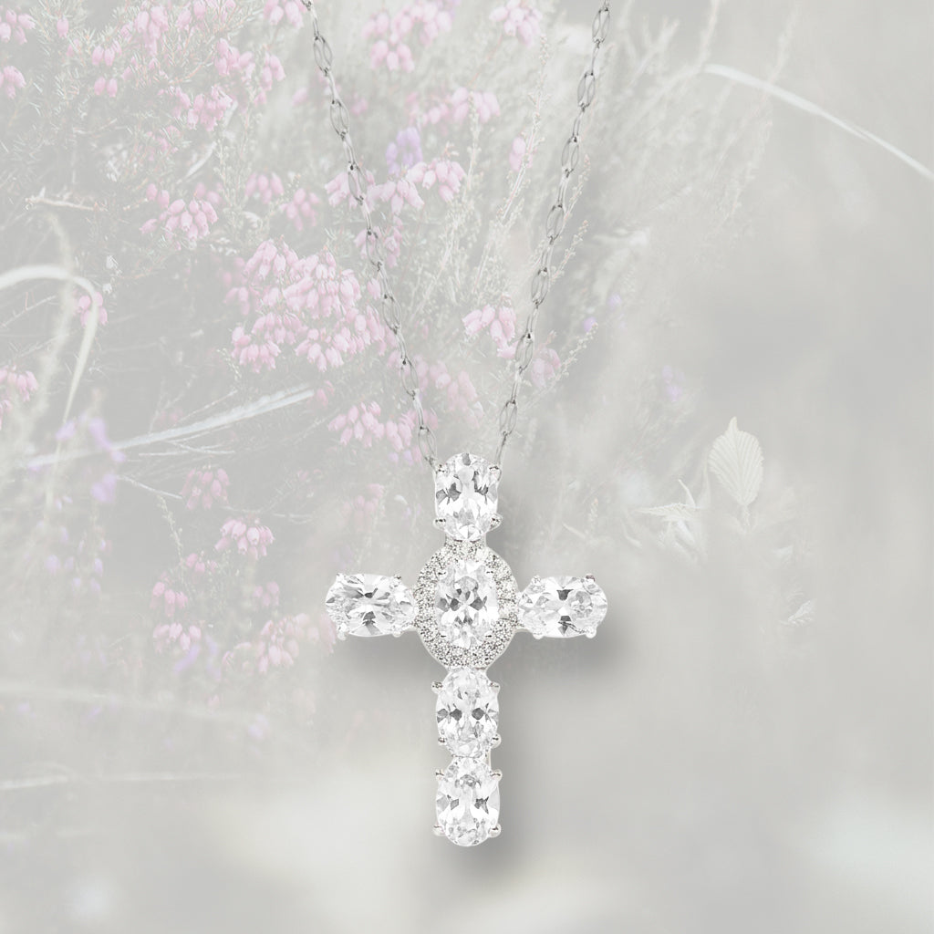 Collana con Croce con Zirconia Cubica taglio ovale placcato platino