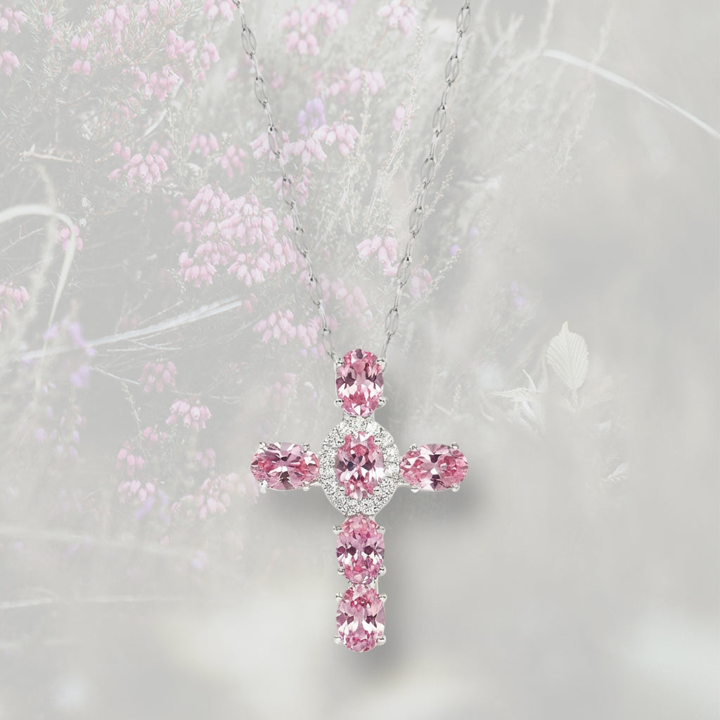 Collana con Croce con Zirconia Cubica taglio ovale placcato platino