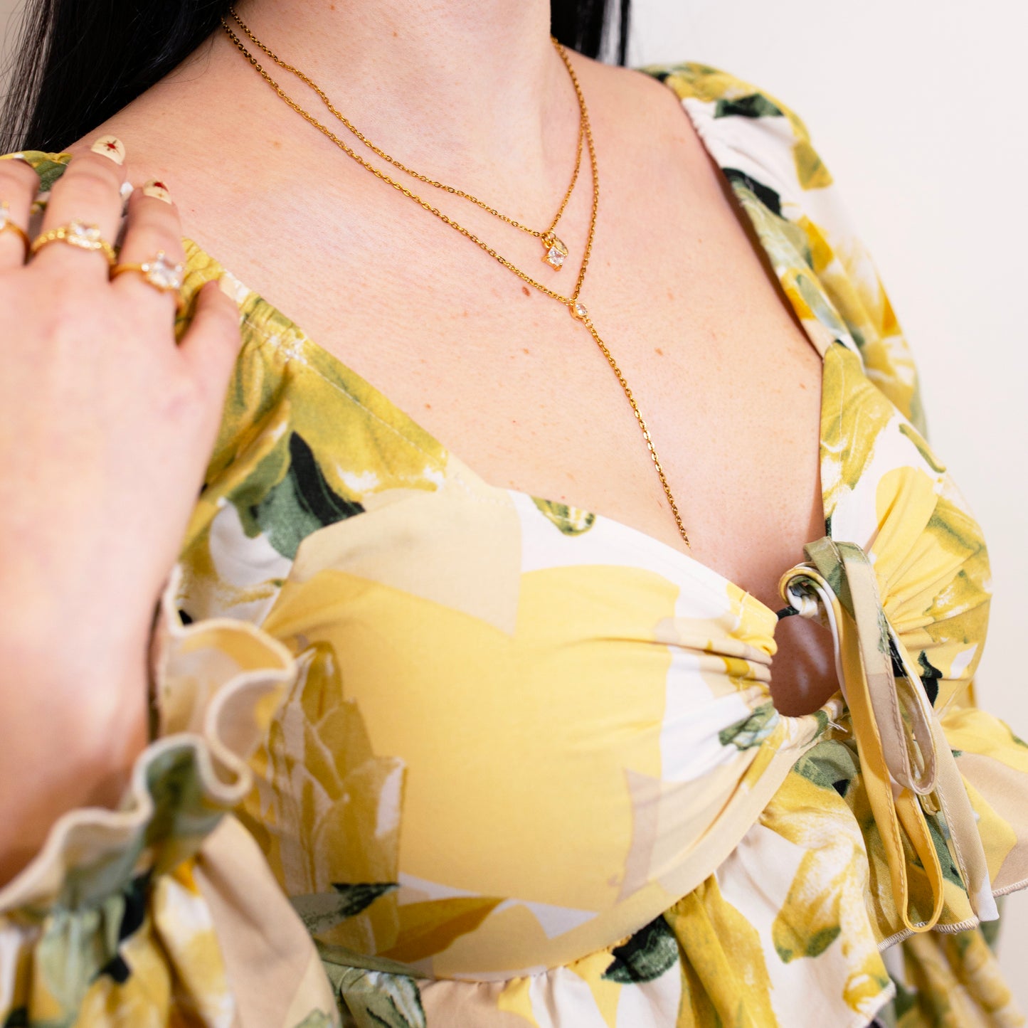 Collana Y Lariat con Zirconia Cubica taglio tondo, placcata in oro 18k