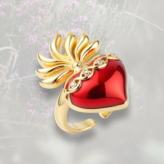 Anello Cuore Sacro / Ex Voto con smalto rosso e placcatura oro 18k