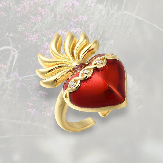 Anello Cuore Sacro / Ex Voto con smalto rosso e placcatura oro