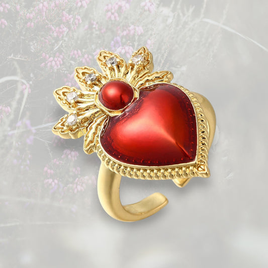 Anello Cuore Sacro / Ex Voto con smalto rosso e placcatura oro