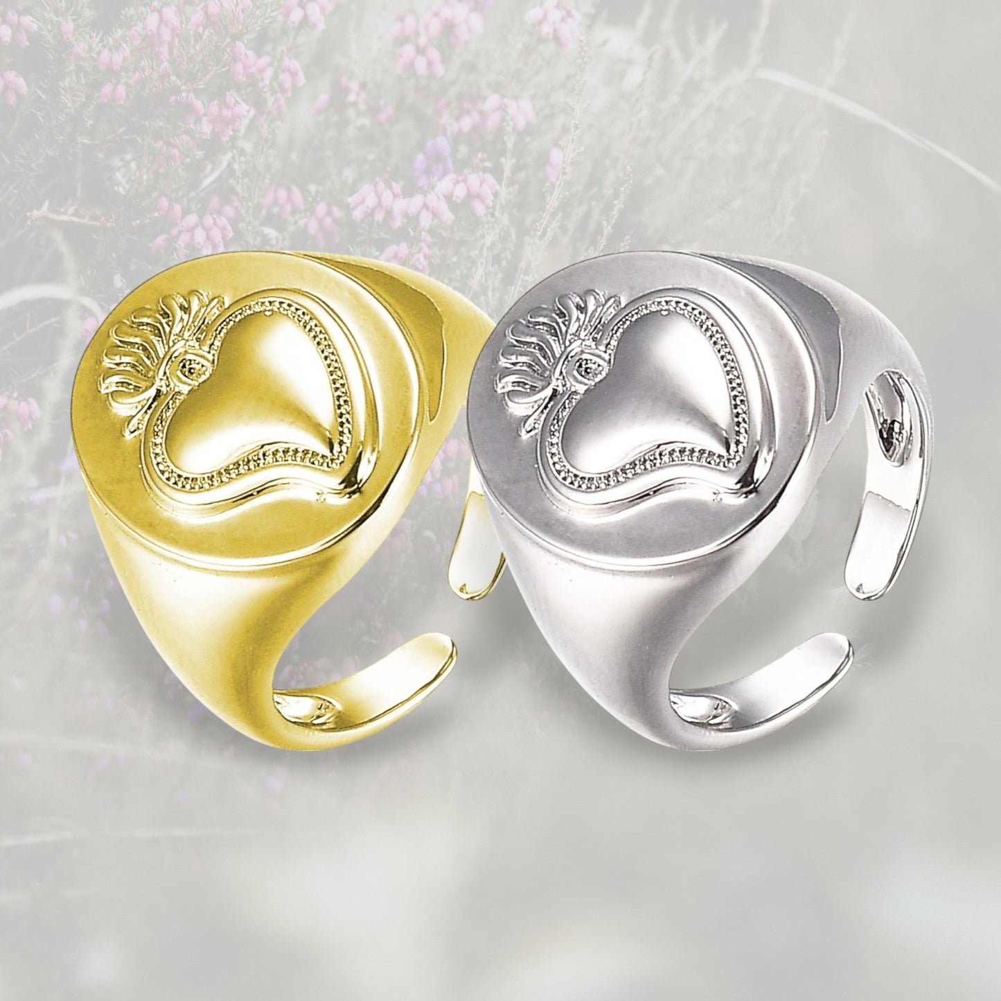 Anello Sigillo con Cuore Sacro / Ex Voto placcato in oro o platino