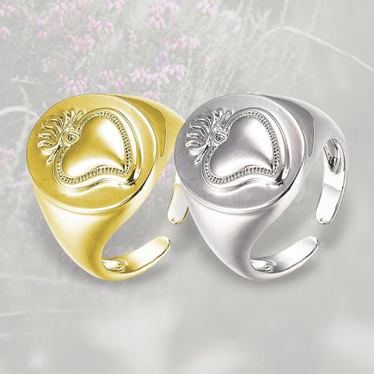 Anello Sigillo con Cuore Sacro / Ex Voto placcato in oro o platino