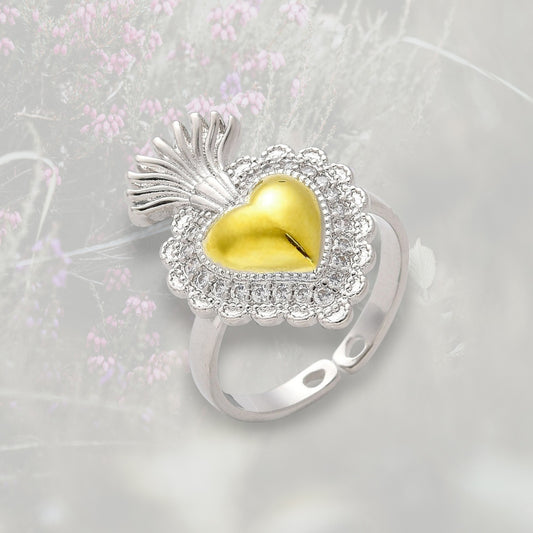 Anello Cuore Sacro / Ex Voto in ottone placcato in platino e oro al centro