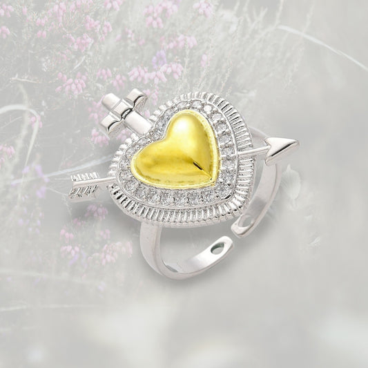 Anello Cuore Sacro / Ex Voto e freccia in ottone placcato in platino e oro al centro
