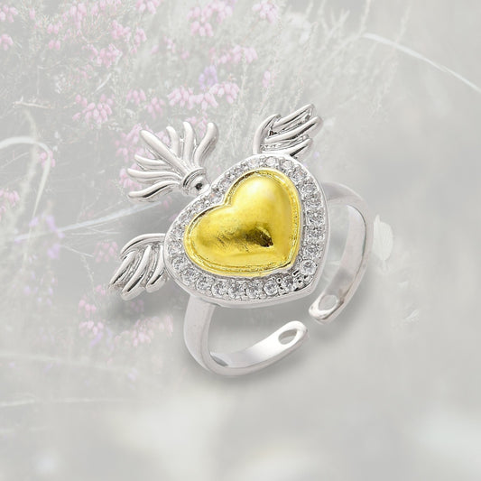 Anello Cuore Sacro / Ex Voto con ali in ottone placcato in platino e oro al centro