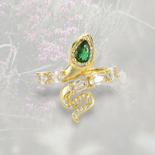 Anello Serpente con goccia in Zirconia Cubica verde placcato in oro