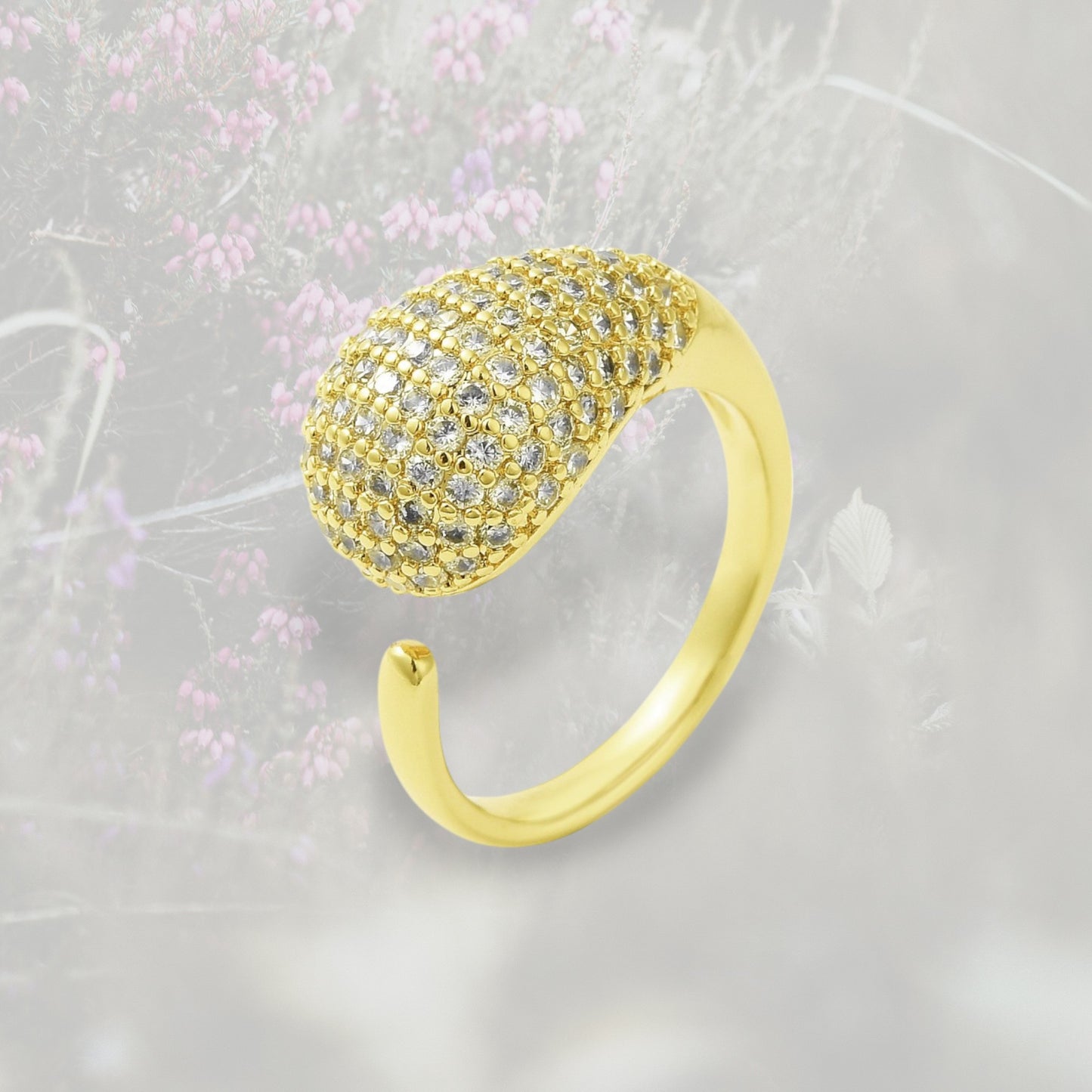 Anello Goccia bombato grande con pavé di Zirconia Cubica, placcato in oro o platino