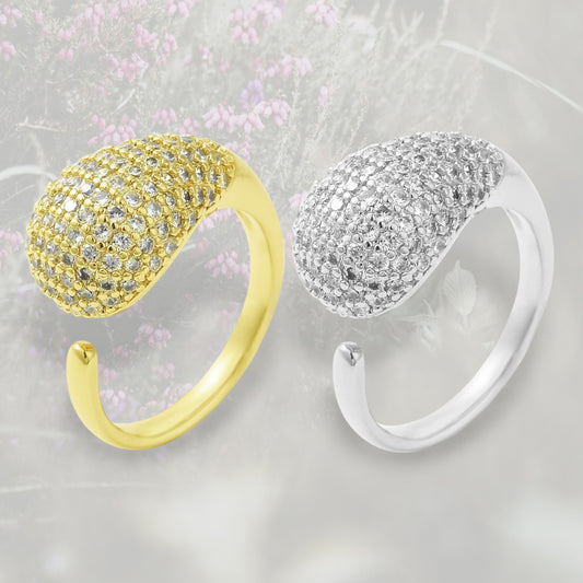 Anello Goccia bombato grande con pavé di Zirconia Cubica, placcato in oro o platino