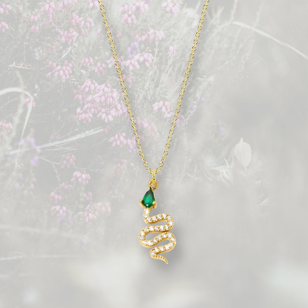 Ciondolino Serpente con testa a goccia verde, con Zirconia Cubica e placcato oro 18k