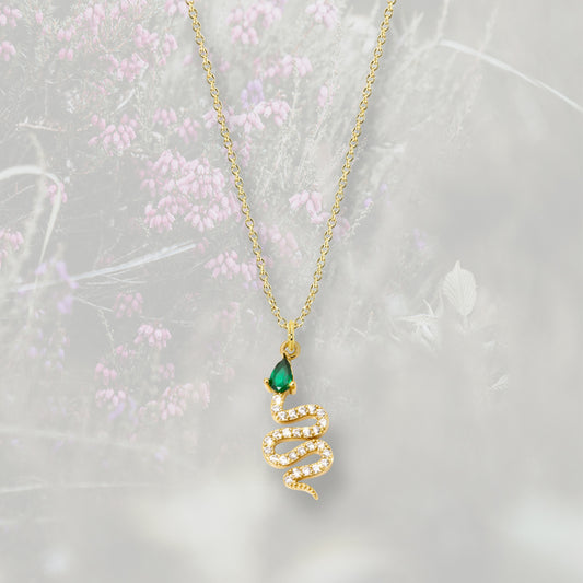 Ciondolino Serpente con testa a goccia verde, con Zirconia Cubica e placcato oro 18k
