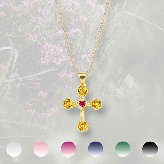 Ciondolo Croce con rose con Zirconia Cubica placcato in oro 18k