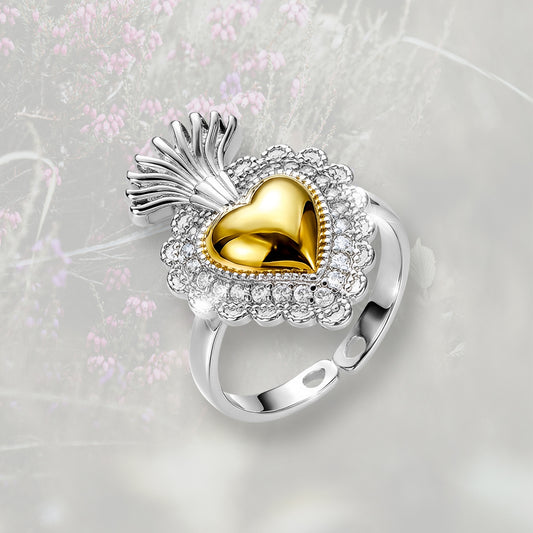 Anello Cuore Sacro / Ex Voto in ottone placcato in platino e oro 18k al centro