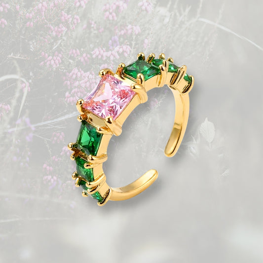 Anello con Zirconia Cubica verde e centrale rosa, placcato oro 18k