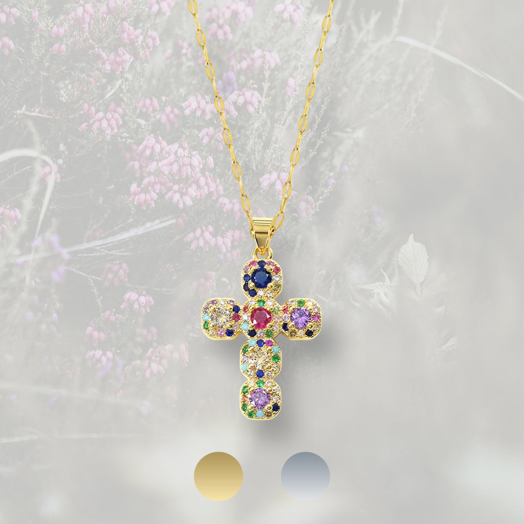 Collana con Croce geometrica di Zirconia Cubica multicolor, placcata oro 18k o platino