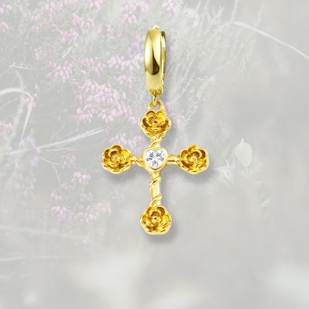 Orecchino a cerchietto liscio con Croce con roselline e Zirconia Cubica, placcato in oro 18k
