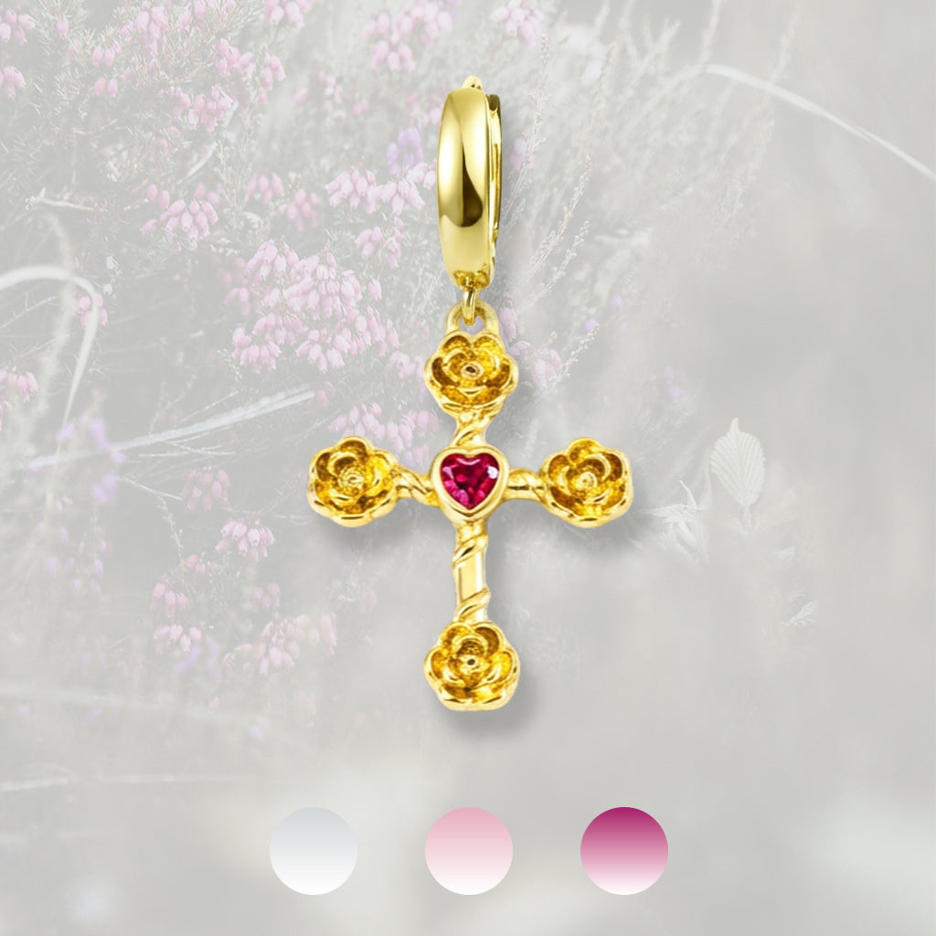 Orecchino a cerchietto liscio con Croce con roselline e Zirconia Cubica, placcato in oro 18k